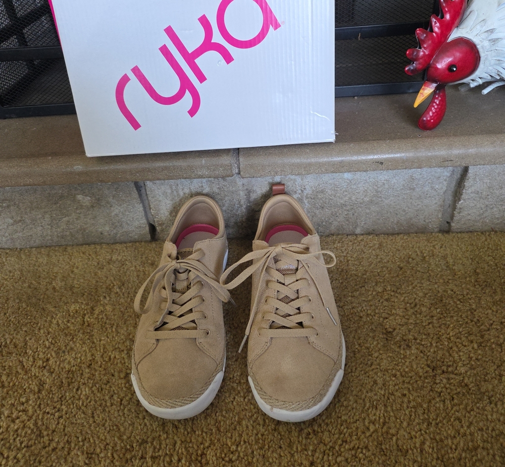 Ryka Women's Tan Suede-Style Lace-Up Sneakers with Pink Accent